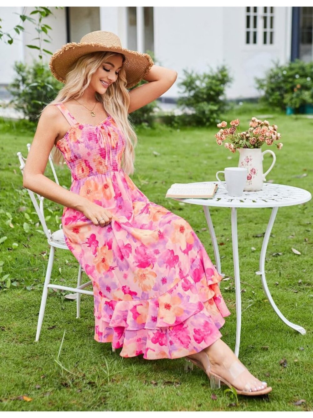 〽️Women's Pink Yellow Square Neck Strapped A LINE Floral Boho Long Maxi Dress